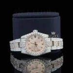 Two Tone Rose Gold Dial Diamond Bezel Fully Iced Out Moissanite Watch Close Up Front View