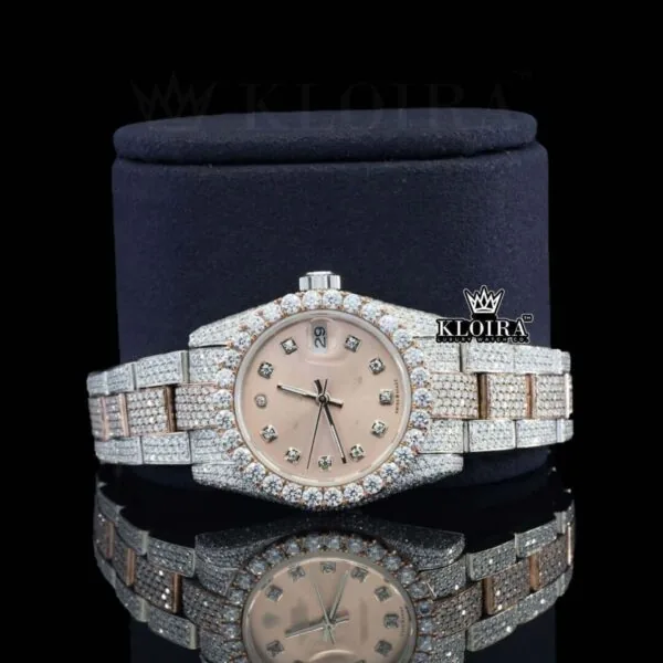 Two Tone Rose Gold Dial Diamond Bezel Fully Iced Out Moissanite Watch Close Up Front View