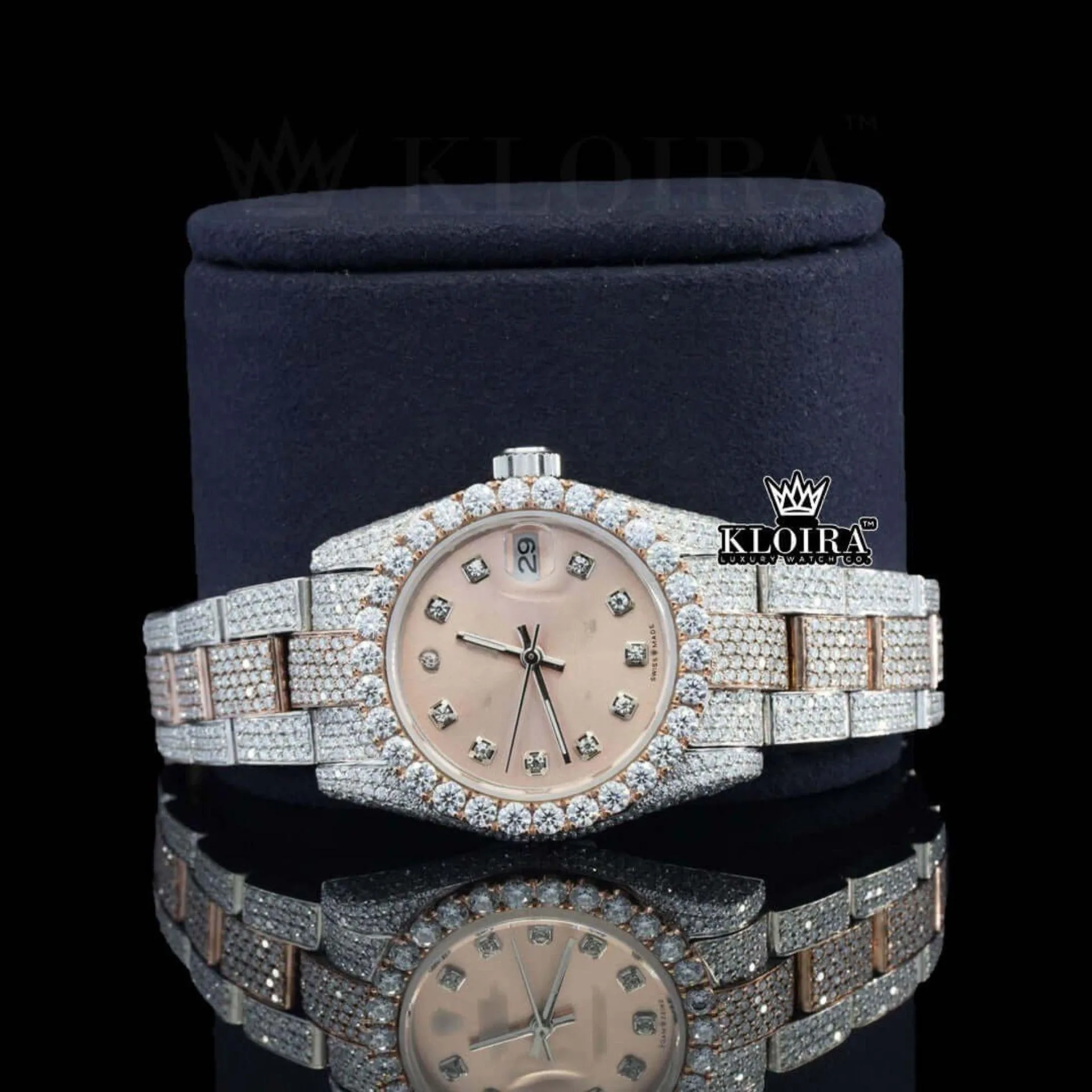 Two Tone Rose Gold Dial Diamond Bezel Fully Iced Out Moissanite Watch Close Up Front View