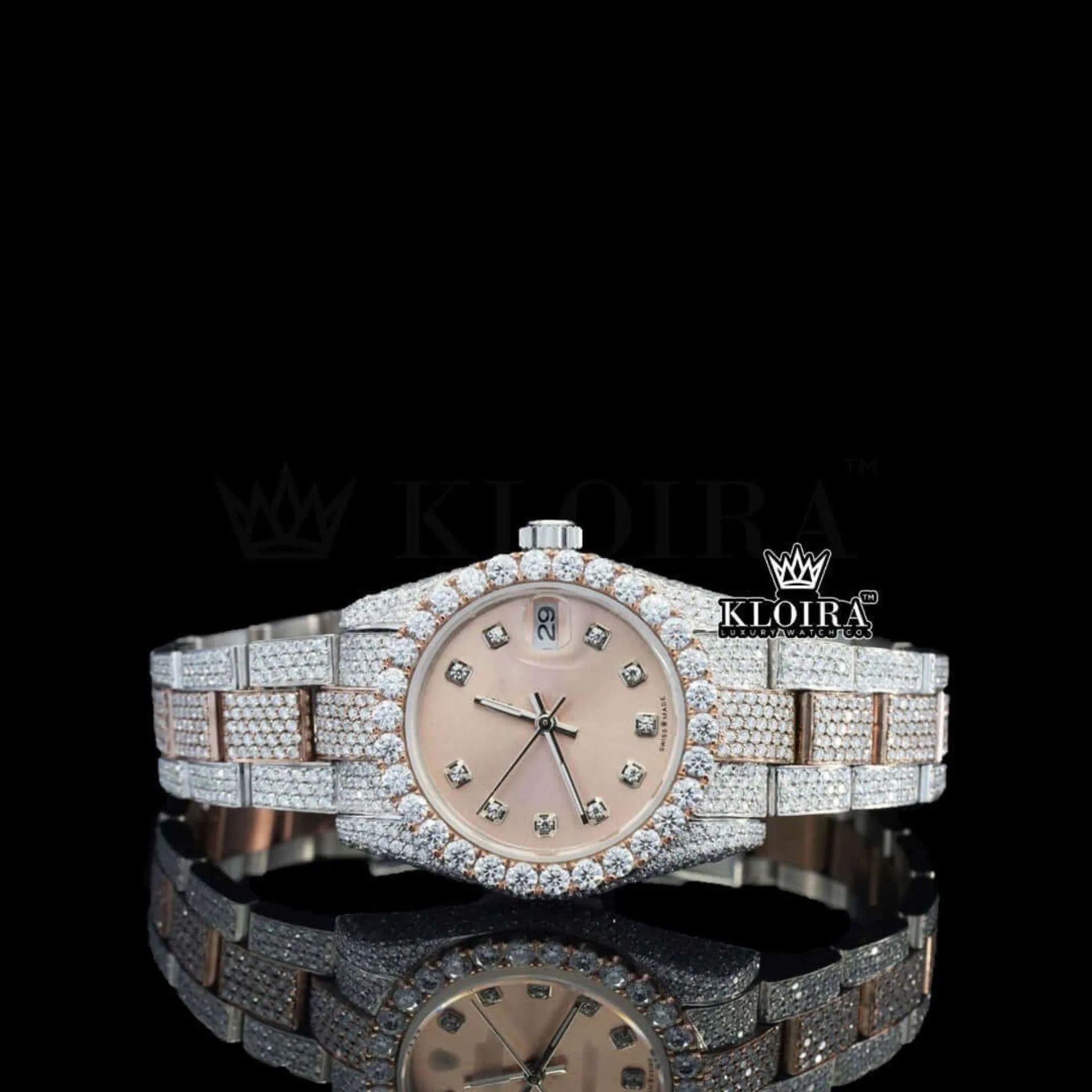 Two Tone Rose Gold Dial Diamond Bezel Fully Iced Out Moissanite Watch Front View