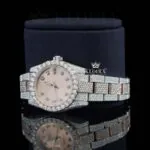 Two Tone Rose Gold Dial Diamond Bezel Fully Iced Out Moissanite Watch Left Profile View