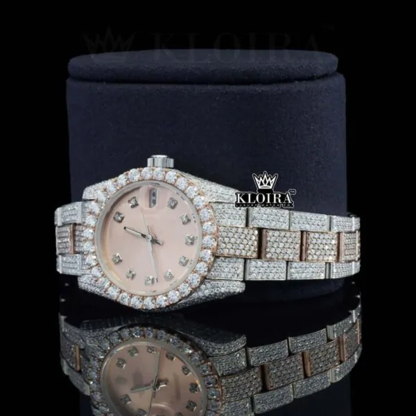 Two Tone Rose Gold Dial Diamond Bezel Fully Iced Out Moissanite Watch Left Profile View