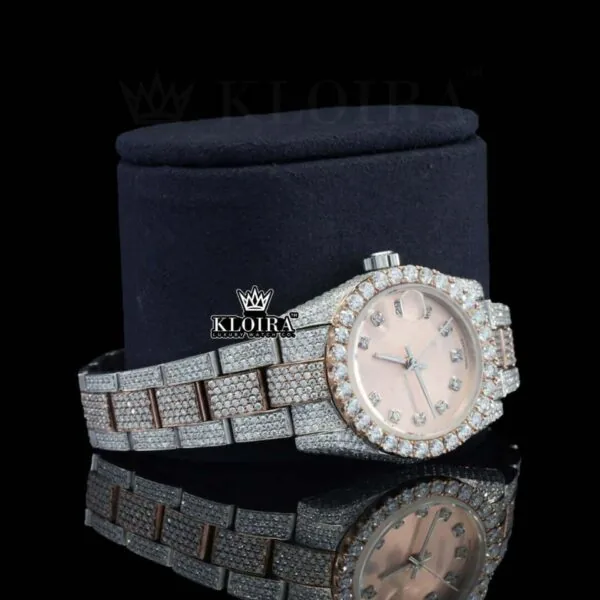 Two Tone Rose Gold Dial Diamond Bezel Fully Iced Out Moissanite Watch Right Profile View