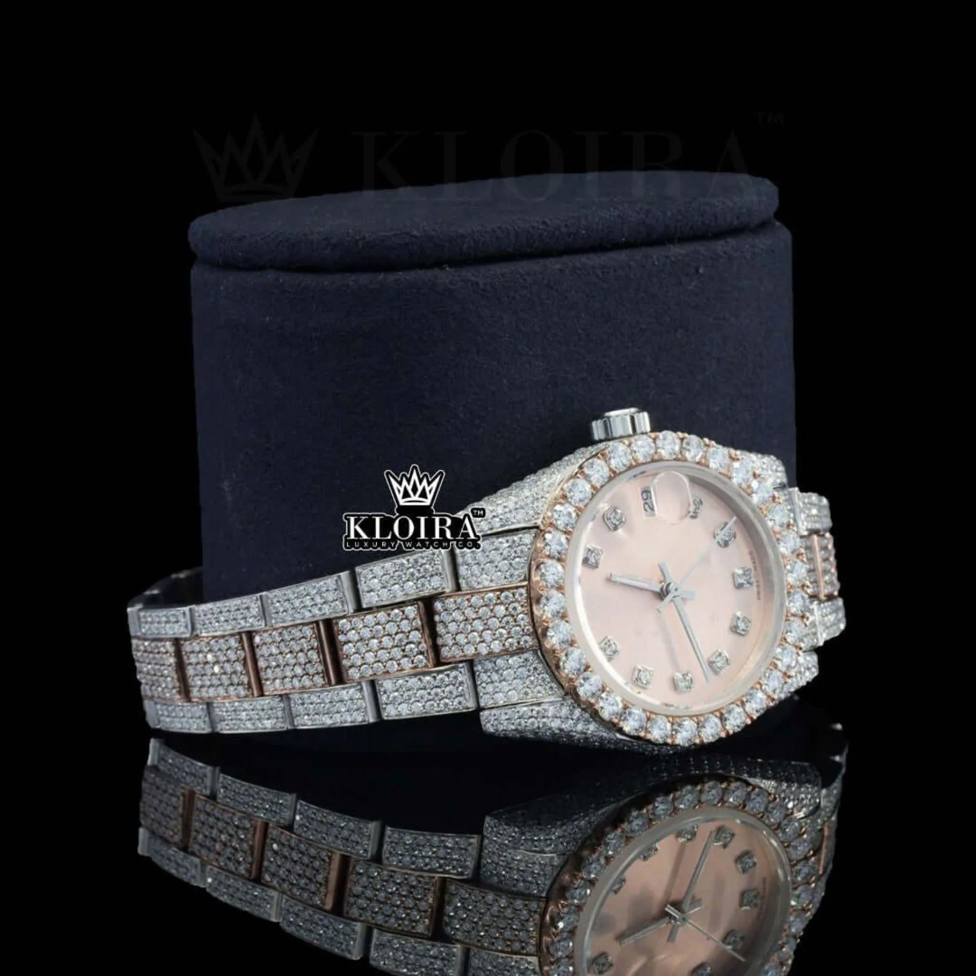 Two Tone Rose Gold Dial Diamond Bezel Fully Iced Out Moissanite Watch Right Profile View