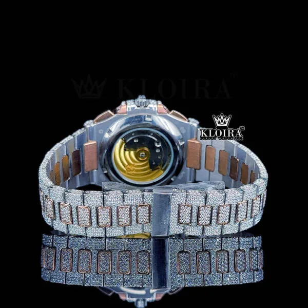 Two Tone Rose Gold Dial Fully Iced Out Moissanite Diamond Watch Caseback View