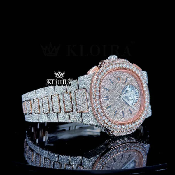 Two Tone Rose Gold Dial Fully Iced Out Moissanite Diamond Watch Close Up Front View