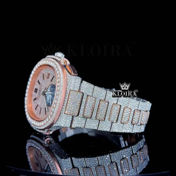 Two Tone Rose Gold Dial Fully Iced Out Moissanite Diamond Watch Right Side Bracelet View
