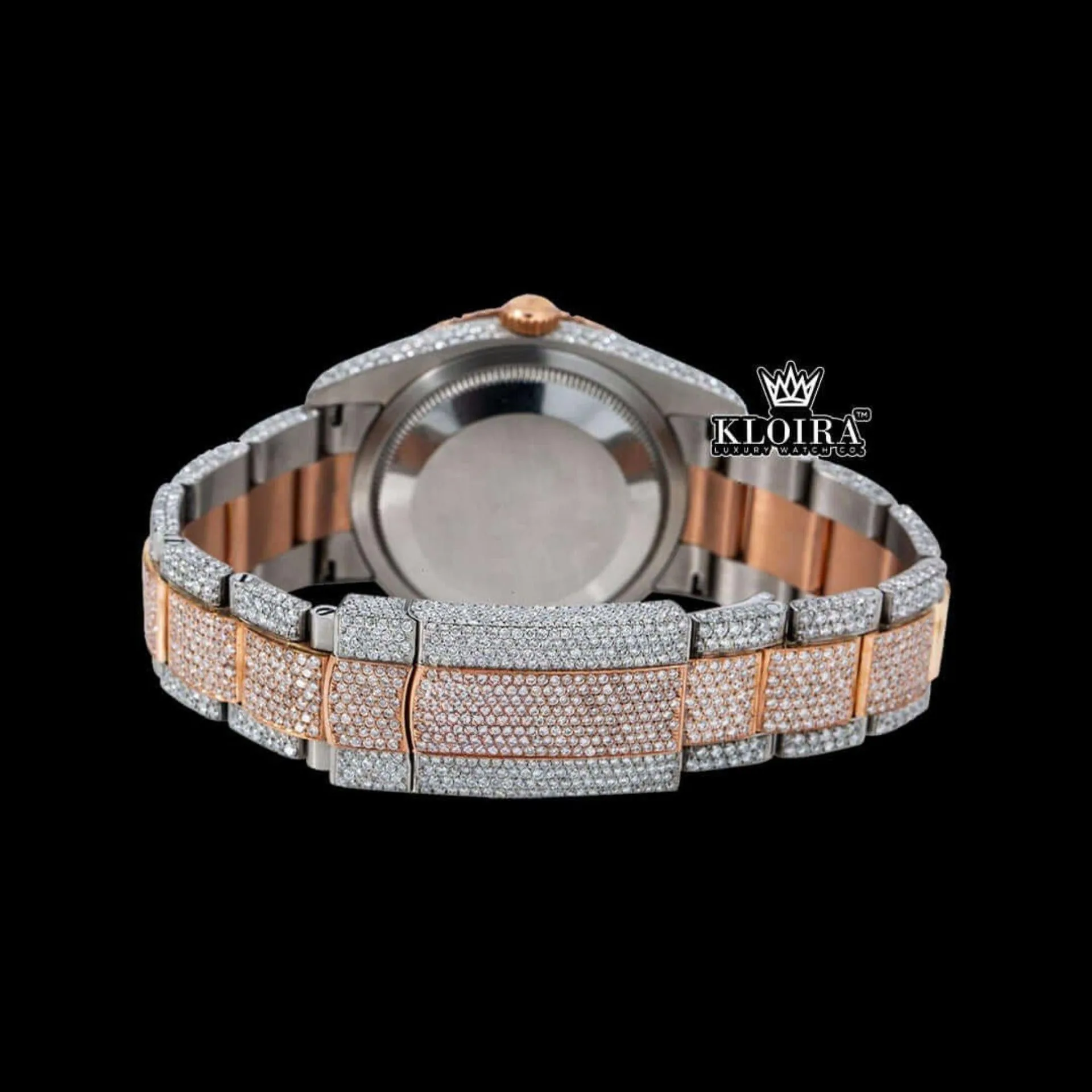 Two Tone Rose Gold Dial Red Arabic Numerals Full Moissanite Diamond Watch Caseback View
