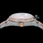 Two Tone Rose Gold Dial Red Arabic Numerals Full Moissanite Diamond Watch Crown View