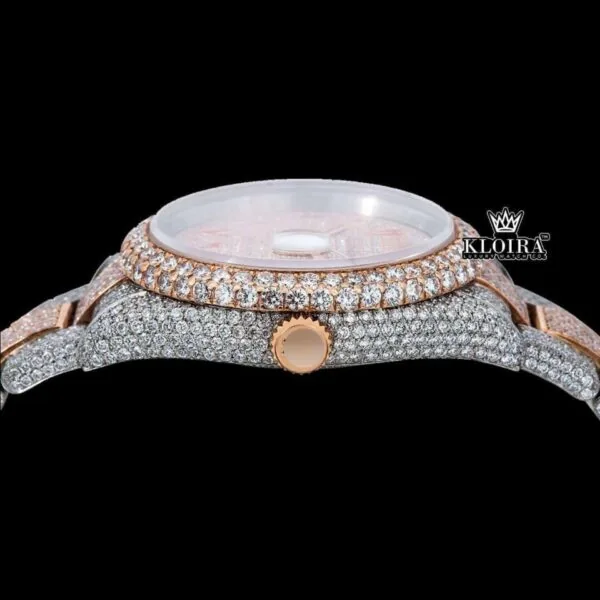 Two Tone Rose Gold Dial Red Arabic Numerals Full Moissanite Diamond Watch Crown View