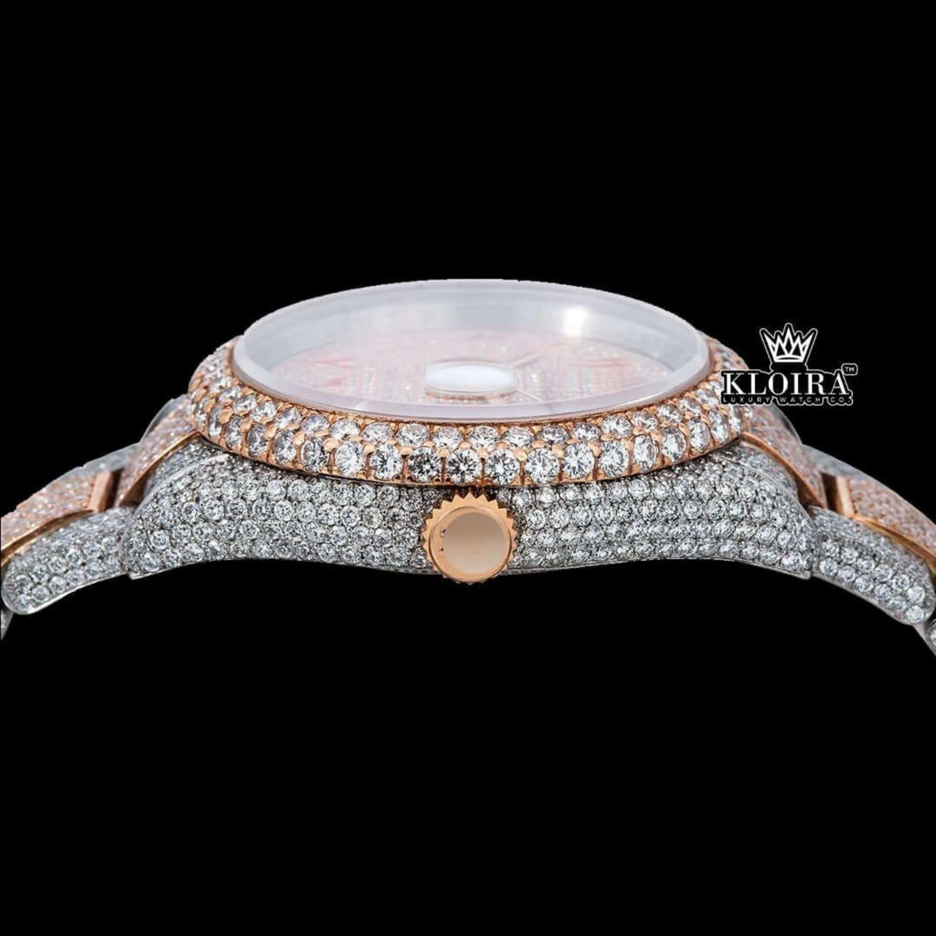 Two Tone Rose Gold Dial Red Arabic Numerals Full Moissanite Diamond Watch Crown View