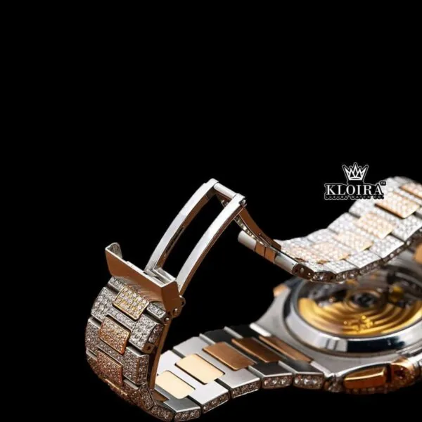 Two Tone Rose Gold Dial Stick Markers Subdial Iced Out Moissanite Watch Bracelet View