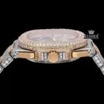 Two Tone Rose Gold Dial Stick Markers Subdial Iced Out Moissanite Watch Crown View