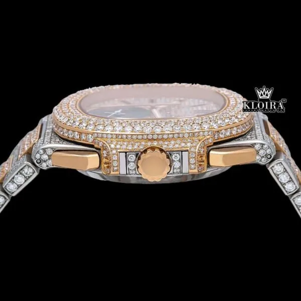 Two Tone Rose Gold Dial Stick Markers Subdial Iced Out Moissanite Watch Crown View