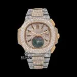 Two Tone Rose Gold Dial Stick Markers Subdial Iced Out Moissanite Watch