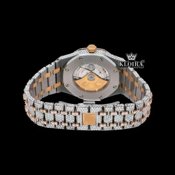 Two Tone Rose Gold Moissanite Diamond Watch Fully Iced Out Caseback View