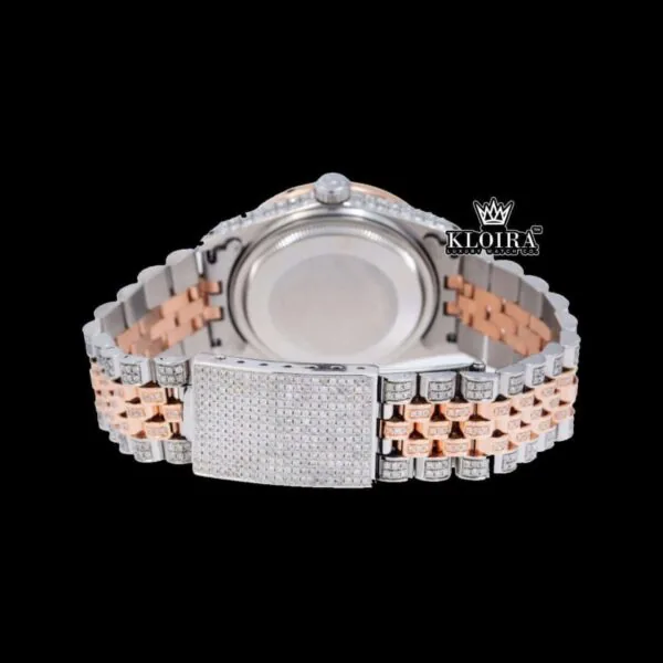 Two Tone Rose Gold Pink Dial Diamond Markers Moissanite Diamond Watch Caseback View