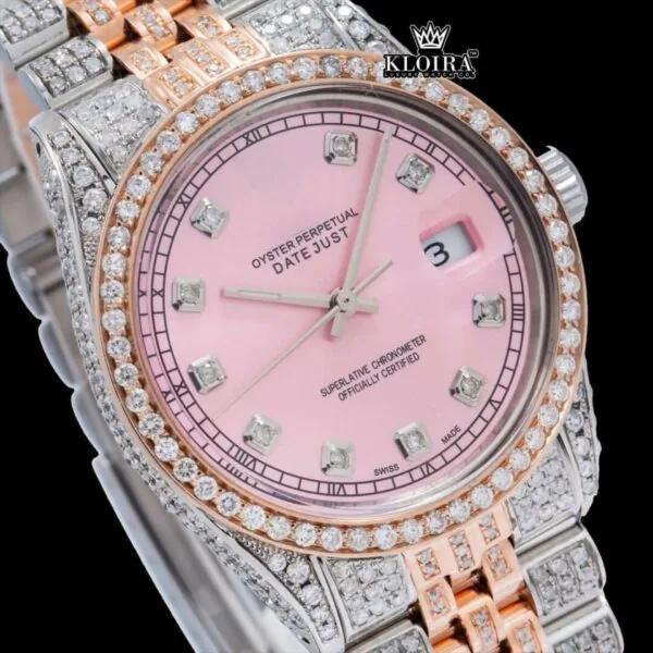 Two Tone Rose Gold Pink Dial Diamond Markers Moissanite Diamond Watch Close Up Dial View