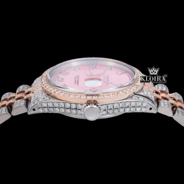 Two Tone Rose Gold Pink Dial Diamond Markers Moissanite Diamond Watch Crown View