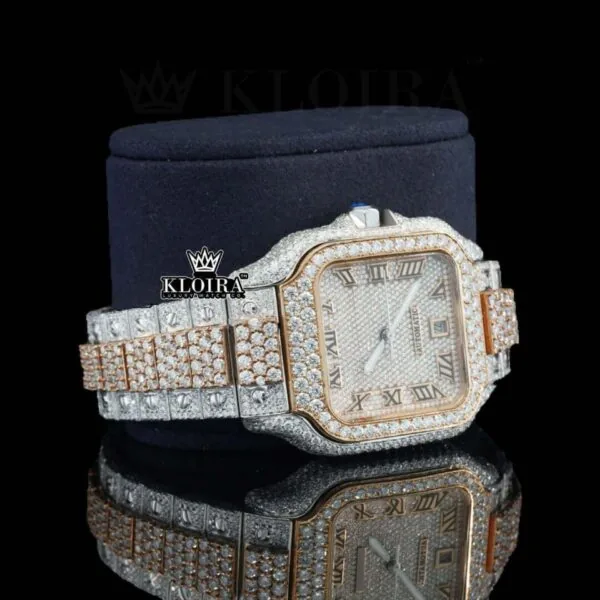 Two Tone Rose Gold Roman Numerals Dial Moissanite Diamond Watch Right Profile View