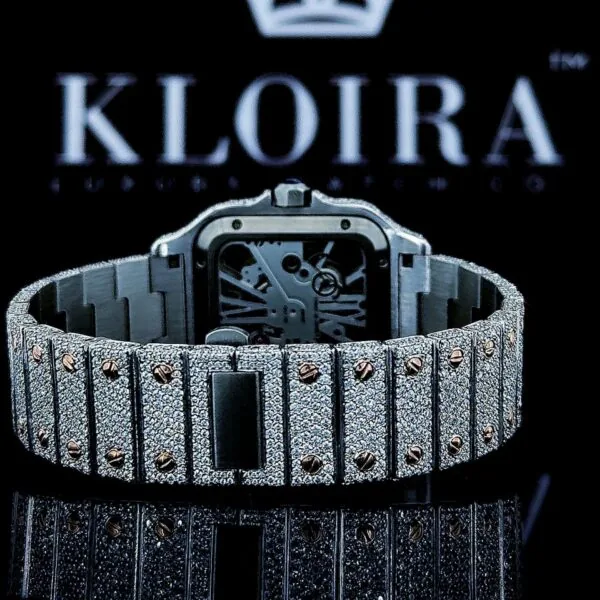 Two Tone Rose Gold Skeleton Dial Fully Iced Out Moissanite Watch Back Strap View