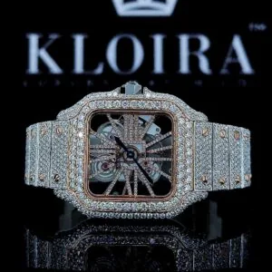 Two Tone Rose Gold Skeleton Dial Fully Iced Out Moissanite Watch