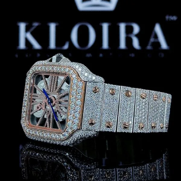 Two Tone Rose Gold Skeleton Dial Fully Iced Out Moissanite Watch Left Side View