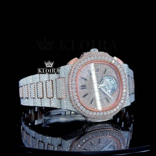 Two-Tone Rose Gold Stick Markers Chrono Moissanite Diamond Watch Right Profile View