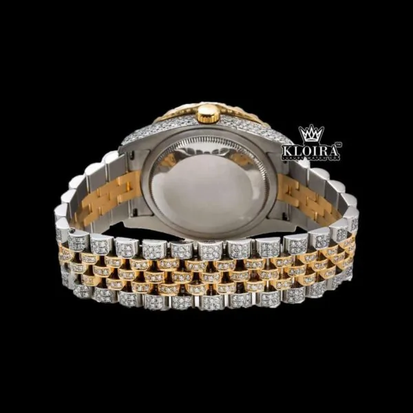 Two Tone Rose Gold Yellow Roman Numerals Moissanite Diamond Watch Caseback View