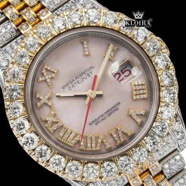 Two Tone Rose Gold Yellow Roman Numerals Moissanite Diamond Watch Close Up Dial View