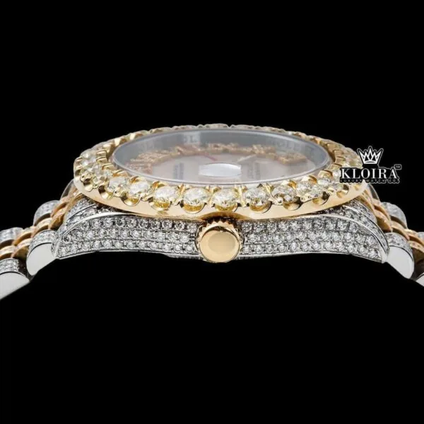 Two Tone Rose Gold Yellow Roman Numerals Moissanite Diamond Watch Crown View