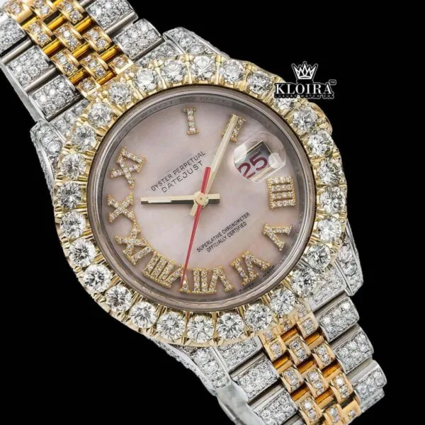 Two Tone Rose Gold Yellow Roman Numerals Moissanite Diamond Watch Full Close Up Dial View