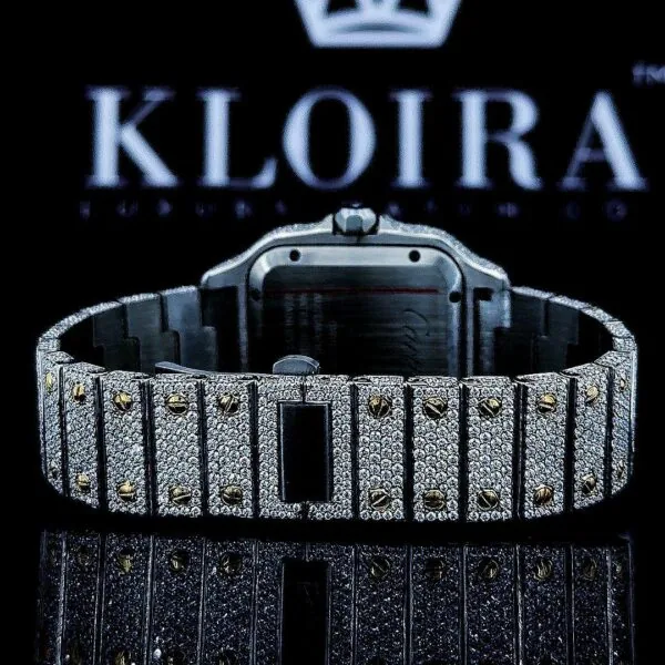 Two Tone Square Bezel Roman Numerals Fully Iced Out Moissanite Watch Back View
