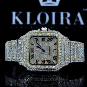 Two Tone Square Bezel Roman Numerals Fully Iced Out Moissanite Watch