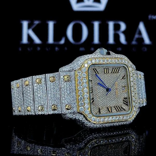 Two Tone Square Bezel Roman Numerals Fully Iced Out Moissanite Watch Left Strap View