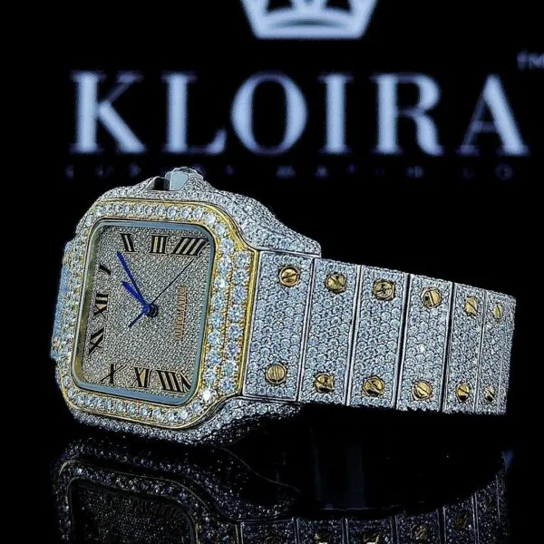 Two Tone Square Bezel Roman Numerals Fully Iced Out Moissanite Watch Right Strap View