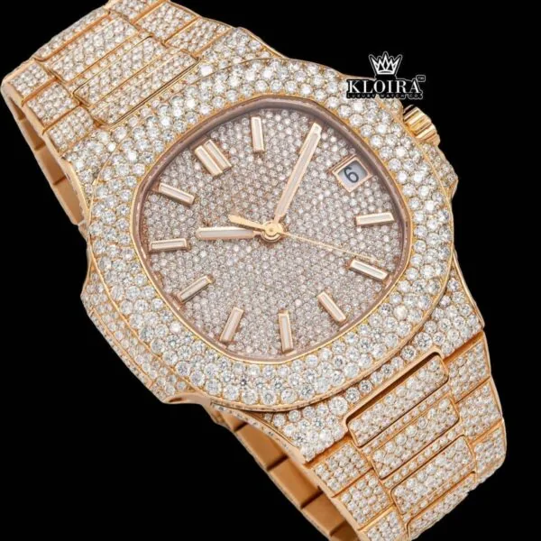 Two Tone Stick Markers Yellow Gold Moissanite Diamond Watch Close Up Dial View