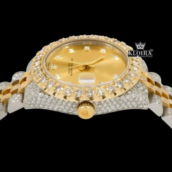 Two Tone Yellow Dial Diamond Bezel Iced Out Moissanite Watch Crown View