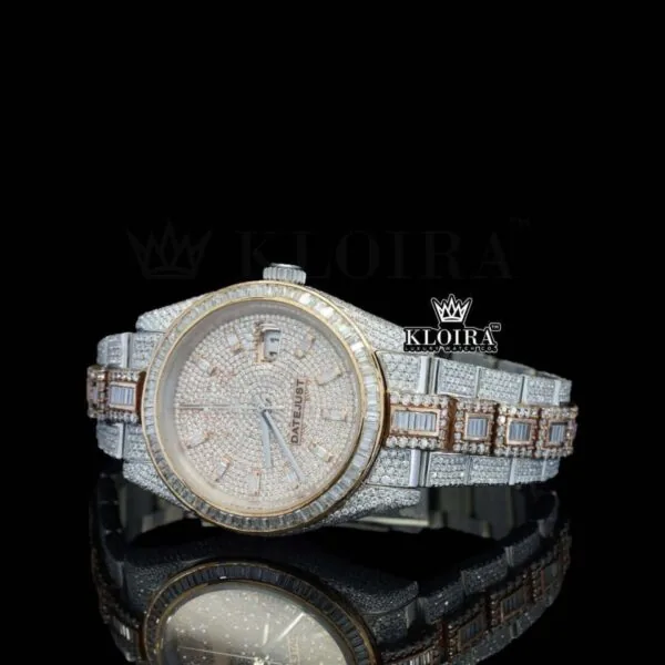 Two Tone Yellow Dial Diamond Markers Full Iced Out Moissanite Watch Left Profile View