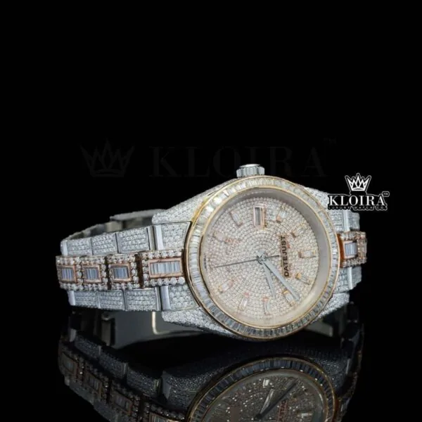 Two Tone Yellow Dial Diamond Markers Full Iced Out Moissanite Watch Right Profile View