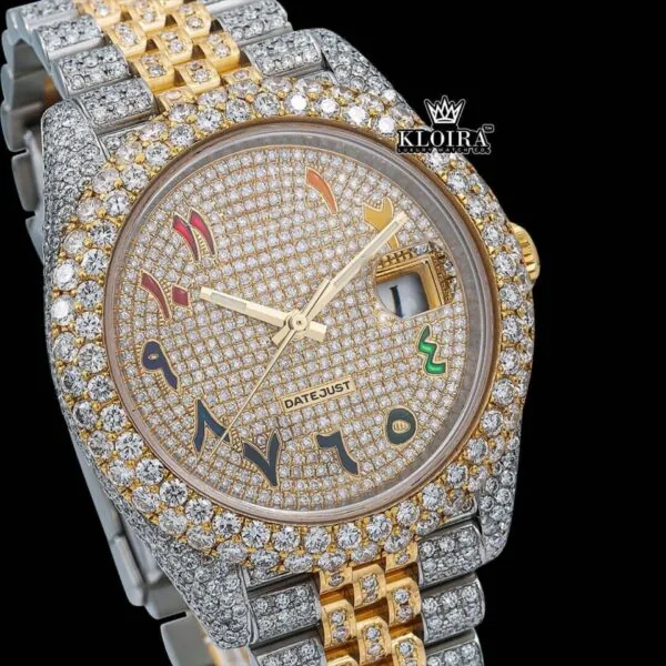 Two Tone Yellow Dial Rainbow Arabic Numerals Moissanite Diamond Watch Close Up Dial View