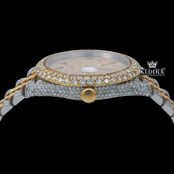 Two Tone Yellow Dial Rainbow Arabic Numerals Moissanite Diamond Watch Crown View