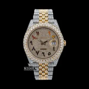 Two Tone Yellow Dial Rainbow Arabic Numerals Moissanite Diamond Watch