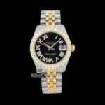Two Tone Yellow Gold Black Dial Roman Numerals Moissanite Diamond Watch
