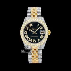 Two Tone Yellow Gold Black Dial Roman Numerals Moissanite Diamond Watch