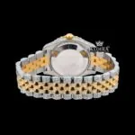 Two Tone Yellow Gold Black Dial Roman Numerals Moissanite Diamond Watch Front View Caseback View