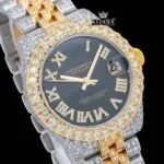 Two Tone Yellow Gold Black Dial Roman Numerals Moissanite Diamond Watch Front View Close Up Dial View