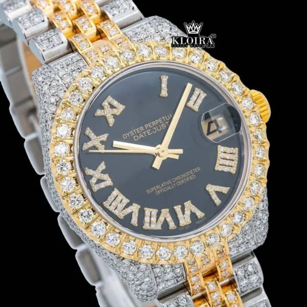 Two Tone Yellow Gold Black Dial Roman Numerals Moissanite Diamond Watch Front View Close Up Dial View