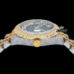 Two Tone Yellow Gold Black Dial Roman Numerals Moissanite Diamond Watch Front View Crown View