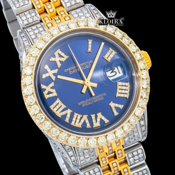 Two Tone Yellow Gold Blue Dial Yellow Roman Numerals Moissanite Watch Close Up Dial View